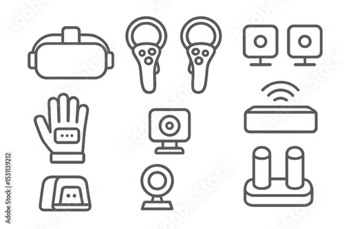 VR Gear Icons. Line style icons for VR gear: VR headset, controllers, sensors, gloves, tracking camera, base station, haptic