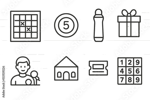 Line Style Bingo Icons. Line style icons for bingo: bingo card, bingo ball, marker, prize, caller, bingo hall, ticket, number grid