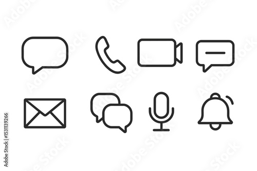 Communication Icons Collection. Line style icons for communication: chat bubble, phone, video call, message, email, group chat,