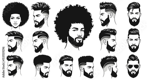 Collection of diverse men and women with various hairstyles and beards