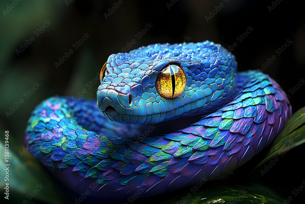 Fototapeta premium Vibrant blue and purple venomous snake close-up.