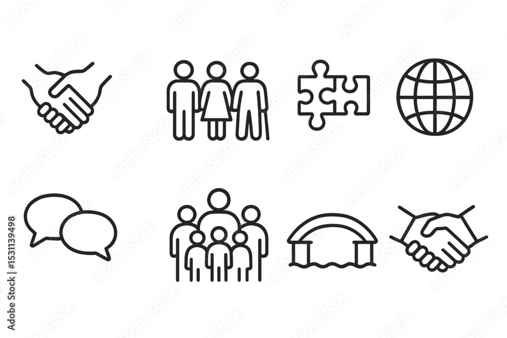Inclusivity Icons. Line style icons of inclusivity: joined hands, diverse figures, puzzle pieces, globe, speech bubbles, community Inclusivity Icons. Line style icons of inclusivity: joined hands, diverse figures, puzzle pieces, globe, speech bubbles, community
