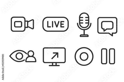 Live Streaming Icons. Line style icons for live streaming: camera, live badge, microphone, chat window, viewer count, screen share