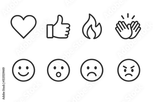 Line Style Reactions Icons. Line style icons for live reactions: heart, thumbs up, fire, clapping, smiley face, surprise, sad face