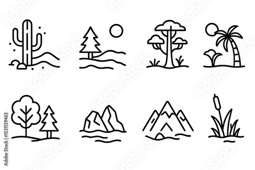 Climate Zone Icons. Line style icons of climate zones: desert, tundra, rainforest, savanna, temperate forest, polar, mountains,