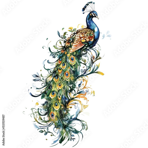 Peacock, watercolor painting vector, isolated on a white background.
