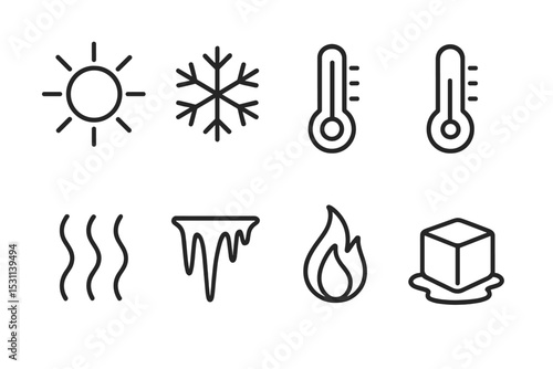 Temperature Icons Collection. Line style icons of temperature variations: hot sun, cold snowflake, thermometer high, thermometer
