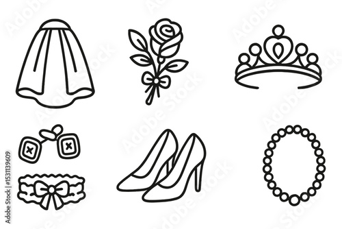 Wedding Accessories Icons. Line style icons of wedding accessories: veil, boutonniere, corsage, tiara, cufflinks, garter, shoes,