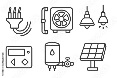 Building Utilities Icons. Line style icons of building utilities: electrical wiring, plumbing pipes, HVAC, light fixtures,