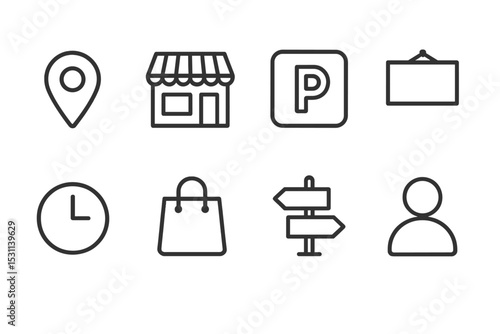 Store Location Icons. Line style icons of store locations: map pin, storefront, parking, signboard, open hours, shopping bag,