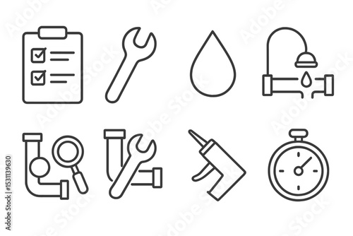 Plumbing Maintenance Icons. Line style icons of plumbing maintenance: checklist, wrench, water droplet, leak detection, pipe