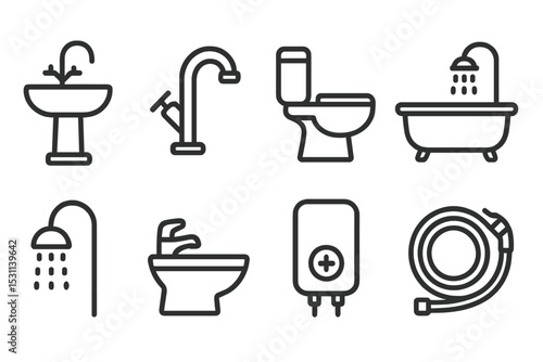 Plumbing Fixtures Icons. Line style icons of plumbing fixtures: sink, faucet, toilet, bathtub, shower, bidet, water heater, hose.