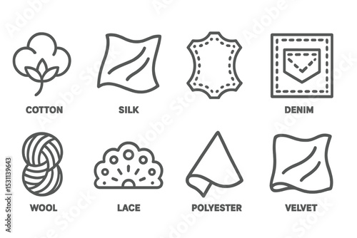 Fabrics Line Icons. Line style icons of fabrics and materials: cotton, silk, leather, denim, wool, lace, polyester, velvet. No