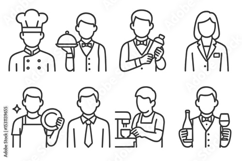 Staff Role Icons. Line style icons of staff roles: chef, waiter, bartender, host, dishwasher, manager, barista, sommelier. No text