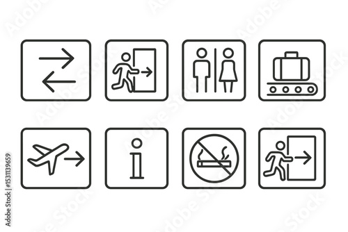 Airport Signage Icons. Line style icons of airport signage: directional arrows, exit sign, restroom sign, baggage claim sign,