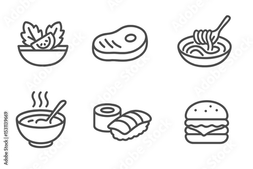 Food Category Icons. Line style icons of food categories: salad, steak, seafood, pasta, soup, sushi, burger, pizza. No text, No