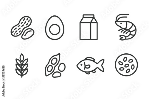 Food Allergen Icons. Line style icons of food allergens: peanut, egg, milk, shellfish, gluten, soy, fish, sesame. No text, No