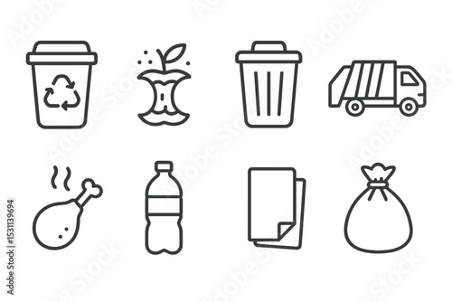 Restaurant Waste Icons. Line style icons of restaurant waste management: recycling bin, compost, trash bin, garbage truck, food