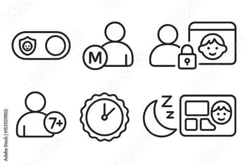 Child-Safe UI Icons. Line style icons of personalization: child-safe UI toggle, parental content setting, profile lock icon,