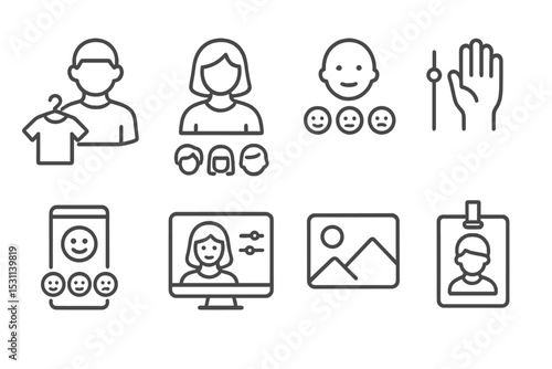 Personalization Line Icons. Line style icons of personalization: avatar outfit choice, hairstyle selector, expression picker, skin