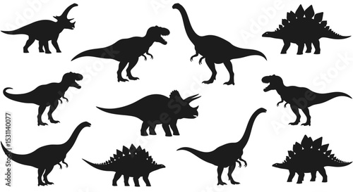 Collection of Ten Black Silhouettes of Prehistoric Dinosaurs