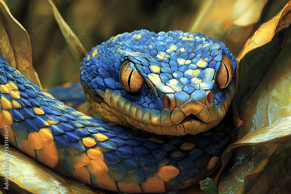 Fototapeta premium Close-up of a vibrant blue and gold snake.