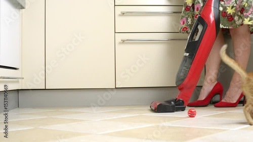 Yellow kitten is playing on the floor, getting in the way of a woman trying to vacuum
