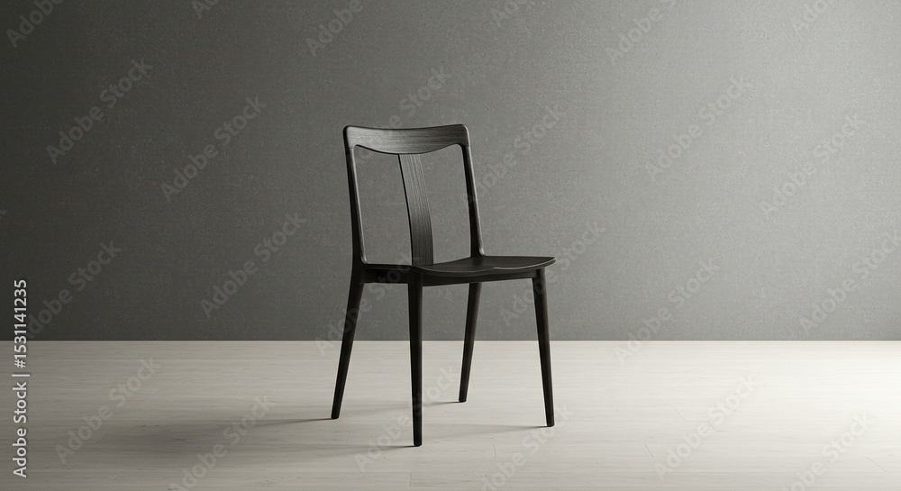 A black chair stands alone on a light surface against a gray background. A black chair stands alone on a light surface against a gray background.