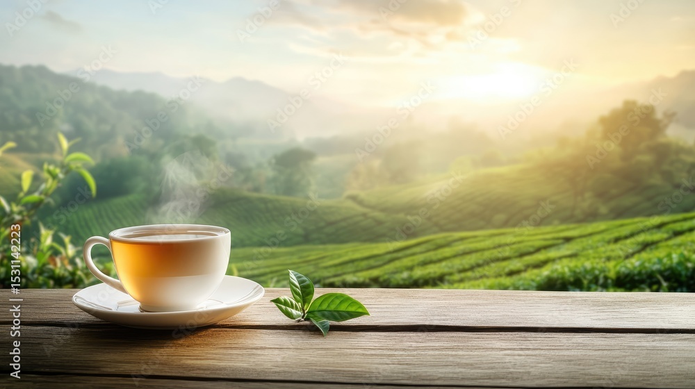 Cup of hot tea and tea leaf on the wooden table and the tea plantations background Generative Ai Cup of hot tea and tea leaf on the wooden table and the tea plantations background Generative Ai