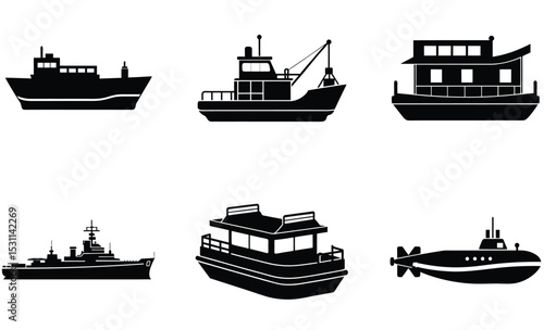 Boat and Ship Set – Vector Silhouette Collection Featuring Sailboats, Cargo Ships, Fishing Boats, Cruise Liners, and Marine Vessels for Nautical Themes

