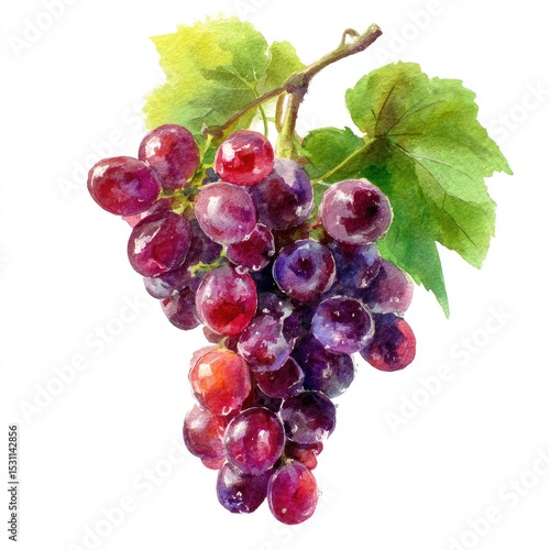 A cluster of vibrant red grapes, with leaves,  on a stem, detailed in a watercolor style