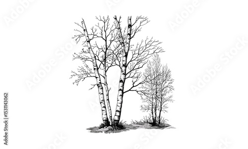 White Birch Tree Illustrations, forest tree vector illustration, minimal landscape art, woodland clipart, botanical nature print, autumn foliage, rustic decor, cutout, outdoor scene.