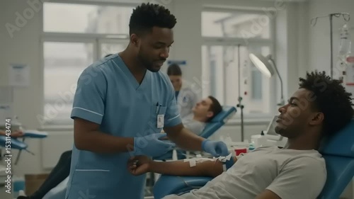 Medical professionals assisting patients during a blood donation session in a modern clinic setting