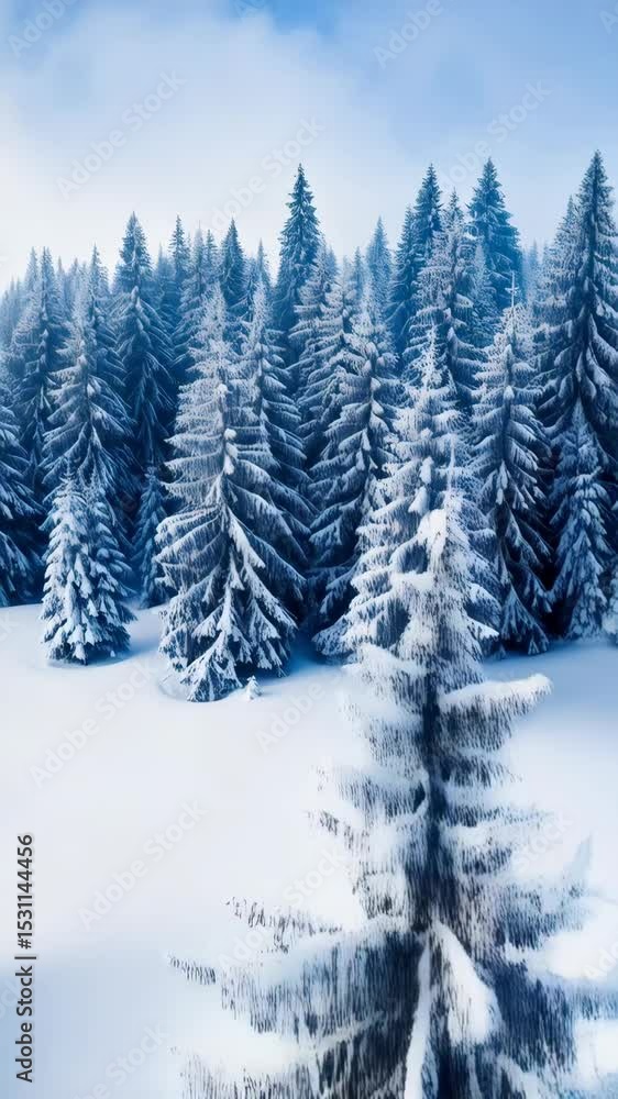 Aerial view of snow covered evergreen trees forming a forest landscape under a blue and cloudy winter sky in a remote setting. Aerial view of snow covered evergreen trees forming a forest landscape under a blue and cloudy winter sky in a remote setting.