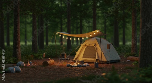 Cozy campsite scene with a tent, campfire, and string lights in a serene forest setting