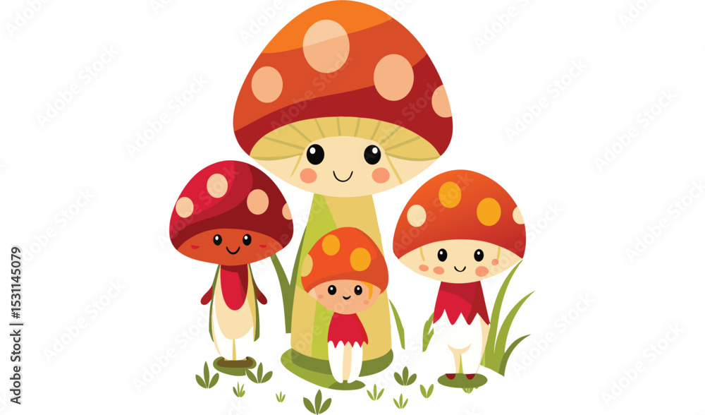 Fototapeta premium Cute cartoon mushroom family in grass