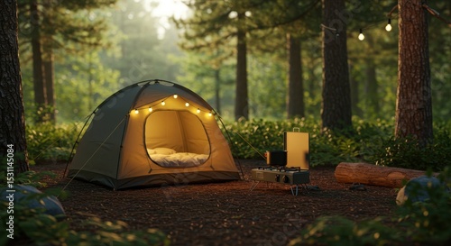 Cozy camping scene in a forest with a glowing tent, surrounded by greenery and a warm ambiance