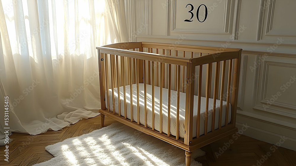 Sunny nursery with a light-wood crib on a fluffy rug, framed by sheer curtains and a decorative wall panel Sunny nursery with a light-wood crib on a fluffy rug, framed by sheer curtains and a decorative wall panel