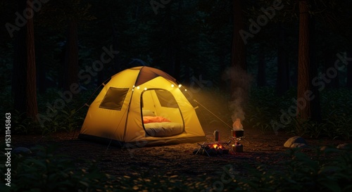 Cozy camping scene at night with a lit tent, campfire, and forest background creating a serene atmosphere