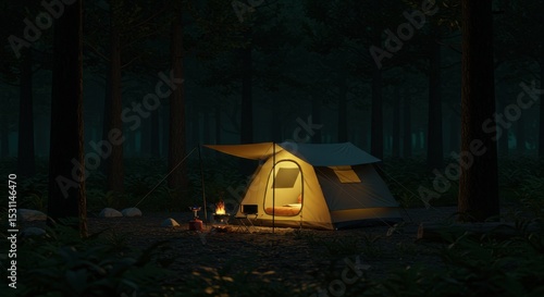 Cozy camping scene at night in a serene forest, featuring a lit tent and a campfire