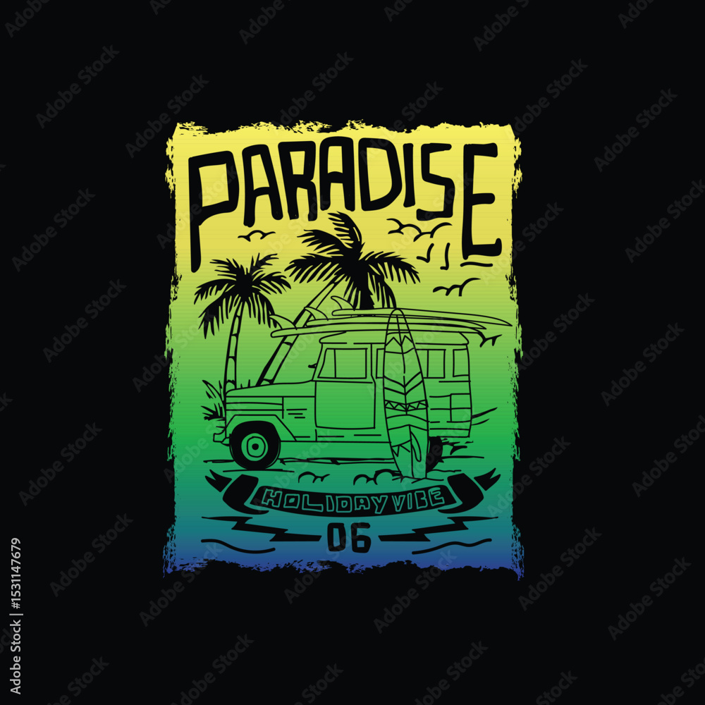 Naklejka premium Paradise holiday vibe summer beach colourful vector graphic