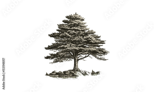 Vintage Aleppo Pine Tree Illustration, forest scene vector, botanical drawing, rustic nature art, pinecone vector, woodland design, natural texture, tree illustration, traditional style.