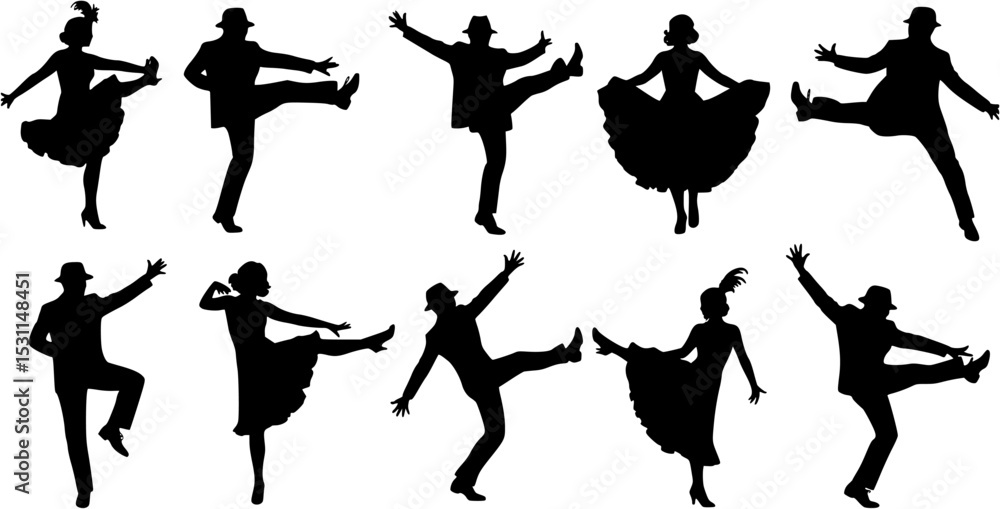 Naklejka premium Line of legs dancing the Charleston silhouette. vector set