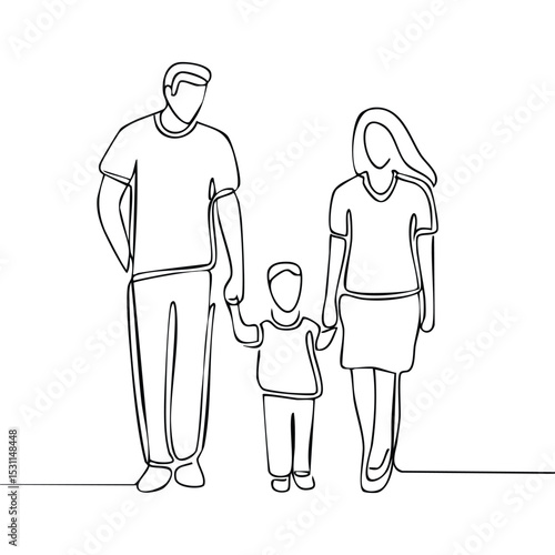 Minimalist one-line drawing of a family with two parents and two children holding hands, joy