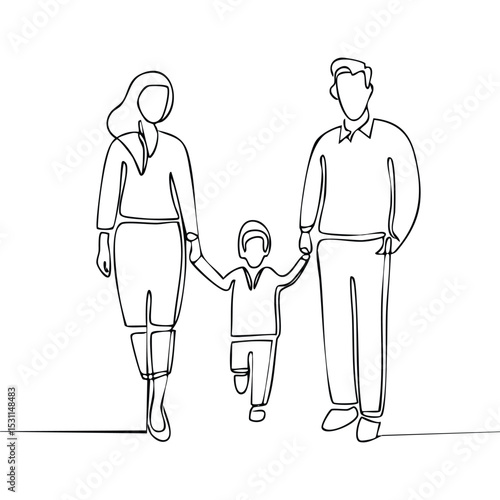 Minimalist one-line drawing of a family with two parents and two children holding hands