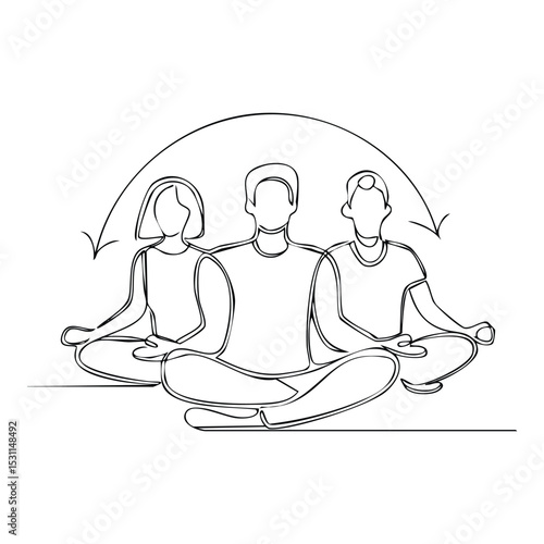Minimalist one-line drawing of a group meditation session, diverse individuals seated cross
