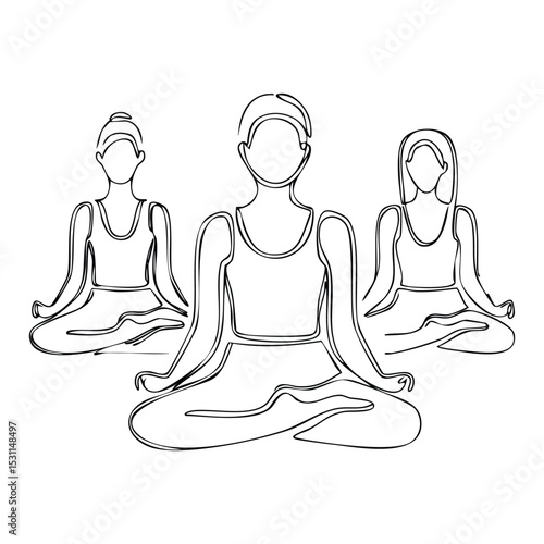 Minimalist one-line drawing of a group meditation session, diverse individuals seated