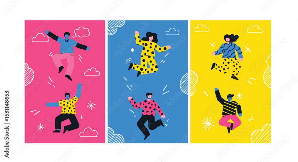 Fototapeta premium Illustrations of People Celebrating Diversity with Unique Clothing Patterns Against Colorful Backgrounds