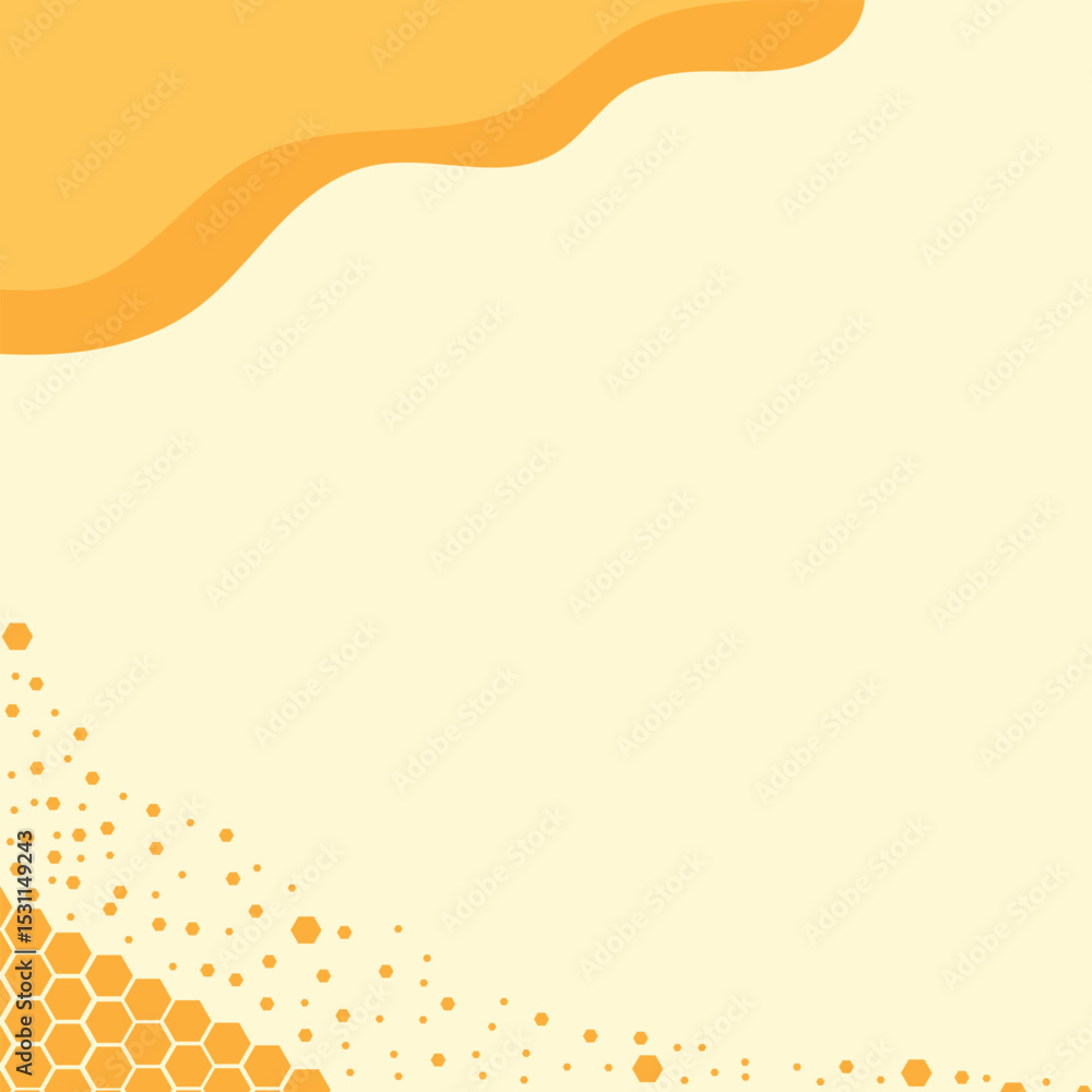 Obraz premium Beehive honey sign with hexagon grid cells, bee cartoons, wild flower and green branch on yellow background vector&nbsp;illustration.&nbsp;EPS&nbsp;10&nbsp;. 