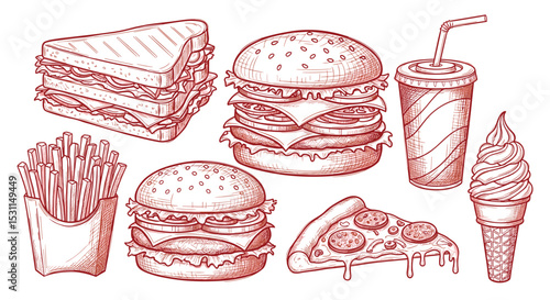 Illustrations of Various Types of Unhealthy and Flavorful Food That Most People Enjoy